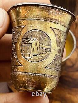 Rare Pair of Antique Imperial Russian 84 Silver Shot Glasses Etched 51gr #5622