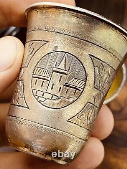 Rare Pair of Antique Imperial Russian 84 Silver Shot Glasses Etched 51gr #5622