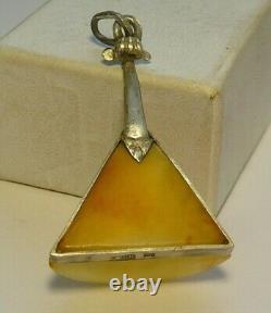 Rare Pendant Russian Balalaika Silver 88 Carved Amber Stone Imperial Russia