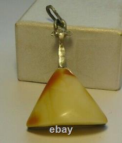 Rare Pendant Russian Balalaika Silver 88 Carved Amber Stone Imperial Russia