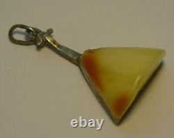 Rare Pendant Russian Balalaika Silver 88 Carved Amber Stone Imperial Russia