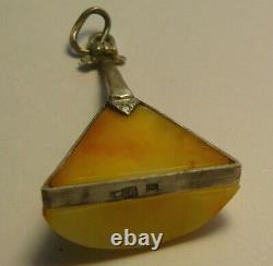 Rare Pendant Russian Balalaika Silver 88 Carved Amber Stone Imperial Russia