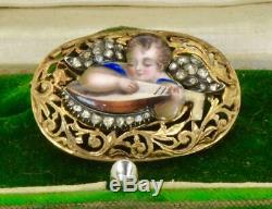 Rare antique Imperial Russian 18k gold, Diamonds&hand painted enamel brooch. Boxed