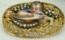Rare antique Imperial Russian 18k gold, Diamonds&hand painted enamel brooch. Boxed