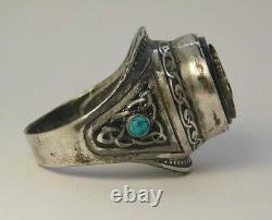 Ring Silver 84 Antique Imperial Russia Enamel Malachite Double Headed Eagle