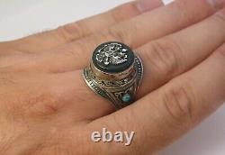 Ring Silver 84 Antique Imperial Russia Enamel Malachite Double Headed Eagle