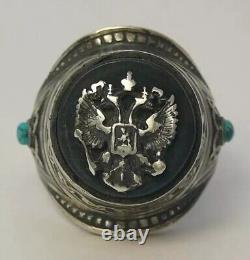 Ring Silver 84 Antique Imperial Russia Enamel Malachite Double Headed Eagle