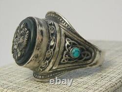 Ring Silver 84 Antique Imperial Russia Enamel Malachite Double Headed Eagle