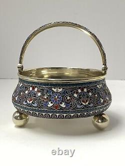 Russian Enamel Silver Sugar Basket. 84 Silver Moscow 1892 Antique Imperial