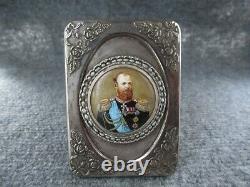 Russian Imperial 84 Silver Enamel Miniature Portrait Tsar Alexander III In Frame