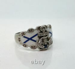 Russian Imperial 84 Silver Enamel NAVY Ring with Sapphire