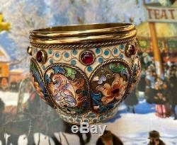 Russian Imperial 84 Silver & Enameled Open Bowl By Feodor Ruckert