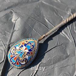 Russian Imperial Silver 88 Cloisonne Enamel Spoon A. Gorianov For Faberge Antique