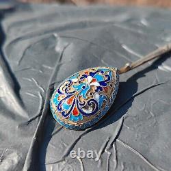 Russian Imperial Silver 88 Cloisonne Enamel Spoon A. Gorianov For Faberge Antique