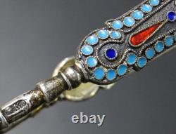 STUNNING! Antique IMPERIAL RUSSIAN 84 Silver ENAMEL Gold Vermeil SUGAR TONGS