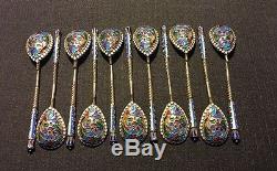 Set Of 11 Russian Imperial Silver 84 Enamel Spoons Weight 173 Gr Hallmarked