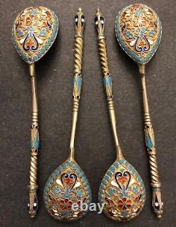 Set of 4 Antique Imperial Russian Enameled Gilded Silver Spoons (G. Klingert)
