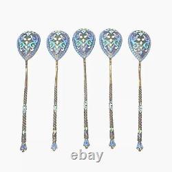 Set of 5 Antique Imperial Russian Sterling Silver 84 Enamel Tea Spoons 1840-1927