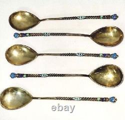 Set of 5 Antique Imperial Russian Sterling Silver 84 Enamel Tea Spoons 1840-1927