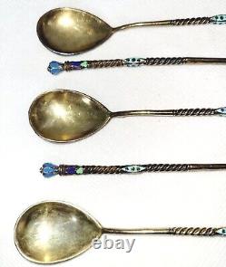 Set of 5 Antique Imperial Russian Sterling Silver 84 Enamel Tea Spoons 1840-1927