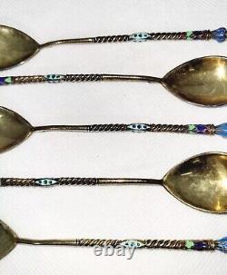Set of 5 Antique Imperial Russian Sterling Silver 84 Enamel Tea Spoons 1840-1927