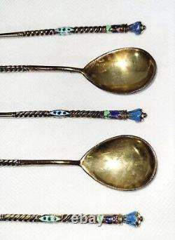 Set of 5 Antique Imperial Russian Sterling Silver 84 Enamel Tea Spoons 1840-1927