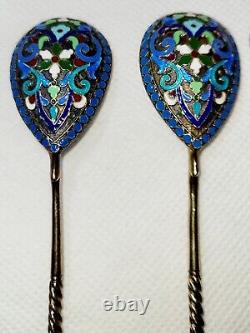 Set of 5 Antique Imperial Russian Sterling Silver 84 Enamel Tea Spoons 1840-1927