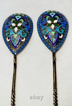 Set of 5 Antique Imperial Russian Sterling Silver 84 Enamel Tea Spoons 1840-1927