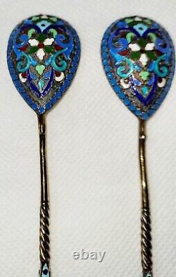 Set of 5 Antique Imperial Russian Sterling Silver 84 Enamel Tea Spoons 1840-1927