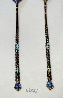 Set of 5 Antique Imperial Russian Sterling Silver 84 Enamel Tea Spoons 1840-1927