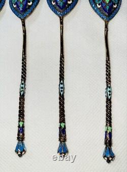 Set of 5 Antique Imperial Russian Sterling Silver 84 Enamel Tea Spoons 1840-1927