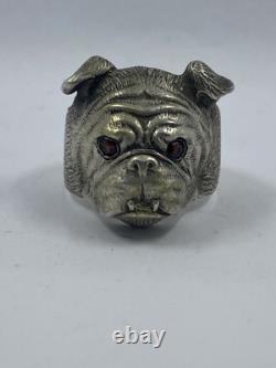 Solid silver 88 Ring head of a dog with eyes stones garnet Russian Imperial