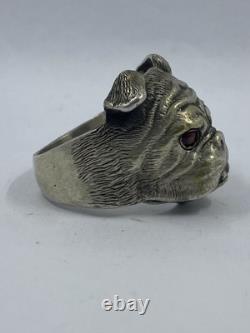 Solid silver 88 Ring head of a dog with eyes stones garnet Russian Imperial