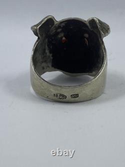 Solid silver 88 Ring head of a dog with eyes stones garnet Russian Imperial
