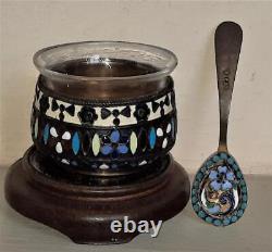 Superb Russian Imperial Silver Gilt Closionne Enamelled Salt Cellar & Spoon