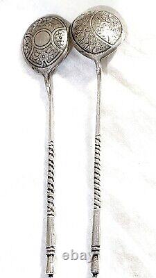 Two Beautiful Teaspoons Antique Imperial Russian 84 Silver Hand Engraved Marked