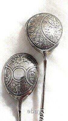 Two Beautiful Teaspoons Antique Imperial Russian 84 Silver Hand Engraved Marked