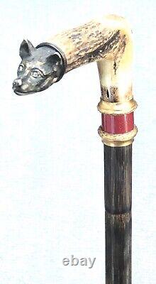 Vintage Antique Russian Imperial Silver 88 Enamel Antler Stag Walking Stick Cane