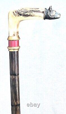 Vintage Antique Russian Imperial Silver 88 Enamel Antler Stag Walking Stick Cane