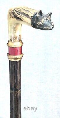 Vintage Antique Russian Imperial Silver 88 Enamel Antler Stag Walking Stick Cane