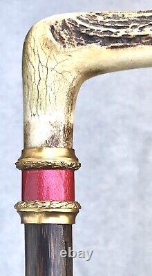 Vintage Antique Russian Imperial Silver 88 Enamel Antler Stag Walking Stick Cane