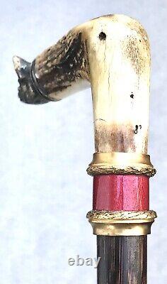 Vintage Antique Russian Imperial Silver 88 Enamel Antler Stag Walking Stick Cane