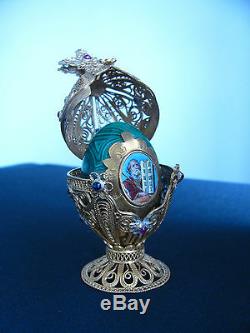 Vintage Imperial Russian Silver Filigree Malachite Egg Orthodox Moses