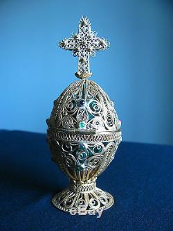 Vintage Imperial Russian Silver Filigree Malachite Egg Orthodox Moses