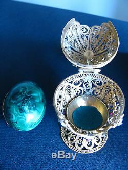 Vintage Imperial Russian Silver Filigree Malachite Egg Orthodox Moses