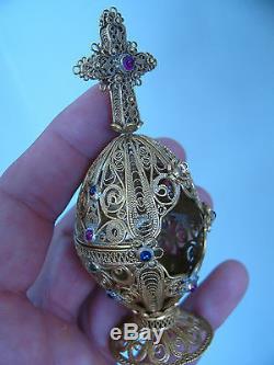 Vintage Imperial Russian Silver Filigree Malachite Egg Orthodox Moses