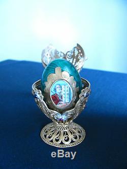 Vintage Imperial Russian Silver Filigree Malachite Egg Orthodox Moses