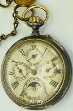 WWI Imperial Russian officer's gunmetal&enamel Calendar Moon phase pocket watch